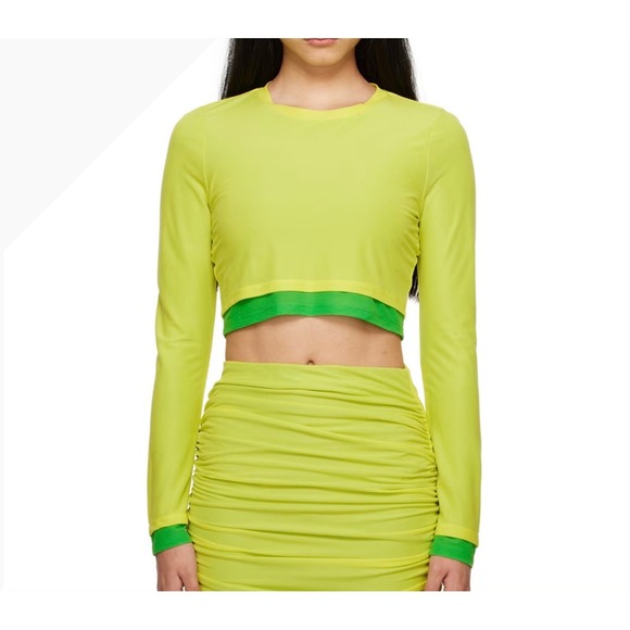 Simon Miller Tops - Simon Miller MESH Long Sleeve Crop Top Lime Yellow Green Layered Crew Neck L